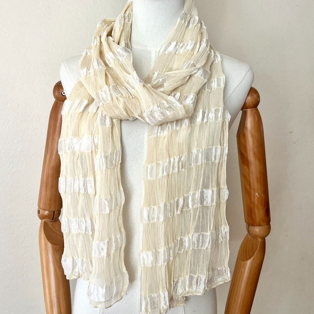 Cream Crinkle Crepe Silk Gauze Stripe Long (77x10.5) Lightweight Summer Scarf